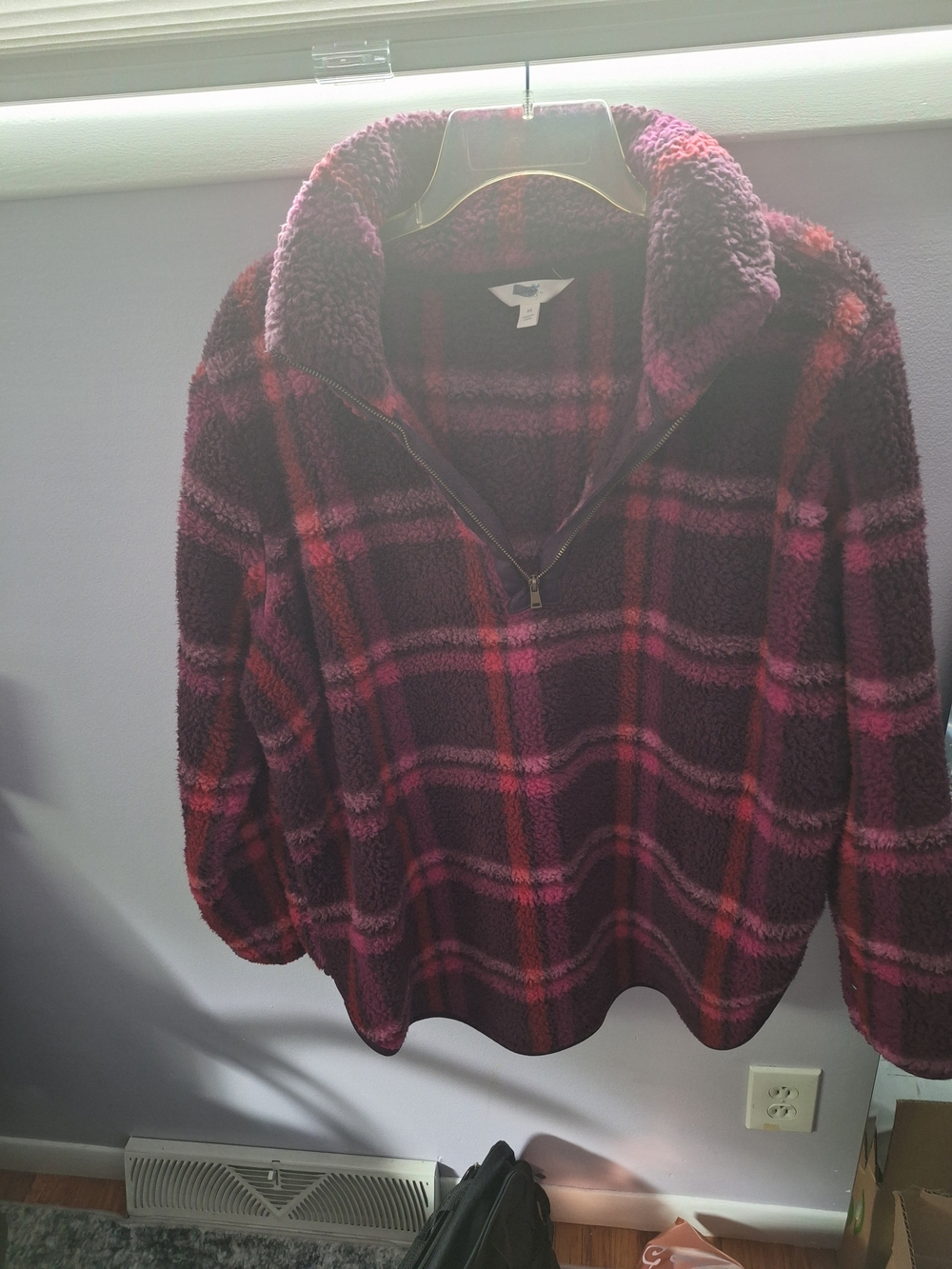 Sky Plush Plaid Half-Zip Sherpa Pullover - Wine/Pink